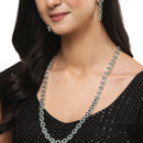 Rhodium-Plated Silver Toned Circular Green American Diamond Long Necklace with Earrings Jewellery Set