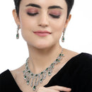 Rhodium-Plated Green American Diamond Studded Teardrop Tasselled Necklace & Earrings Jewellery Set