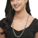 Rhodium-Plated Silver Toned Oval Green American Diamond Long Necklace with Earrings Jewellery Set