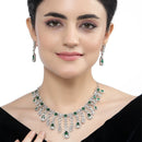 Rhodium-Plated Green American Diamond Studded Teardrop Tasselled Necklace & Earrings Jewellery Set