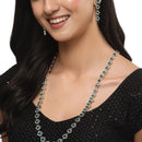 Rhodium-Plated Silver Toned Oval Green American Diamond Long Necklace with Earrings Jewellery Set