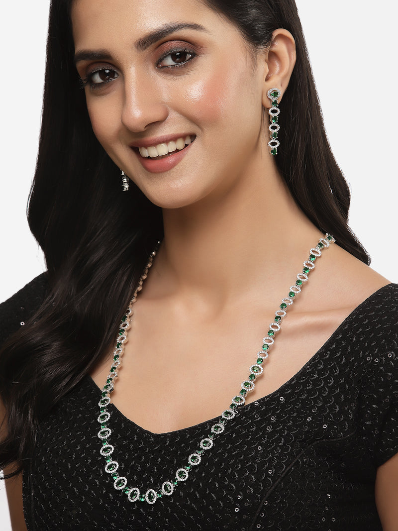 Rhodium-Plated Silver Toned Oval Green American Diamond Long Necklace with Earrings Jewellery Set