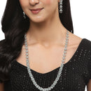 Rhodium-Plated Silver Toned Circular Sea Green American Diamond Long Necklace with Earrings Jewellery Set