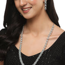 Rhodium-Plated Silver Toned Circular Sea Green American Diamond Long Necklace with Earrings Jewellery Set