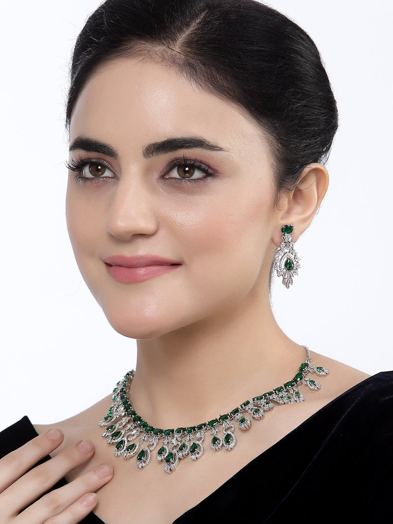 Rhodium-Plated Green American Diamond Studded Oval & Teardrop Shaped Necklace & Earrings Jewellery Set