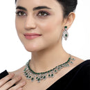Rhodium-Plated Green American Diamond Studded Oval & Teardrop Shaped Necklace & Earrings Jewellery Set