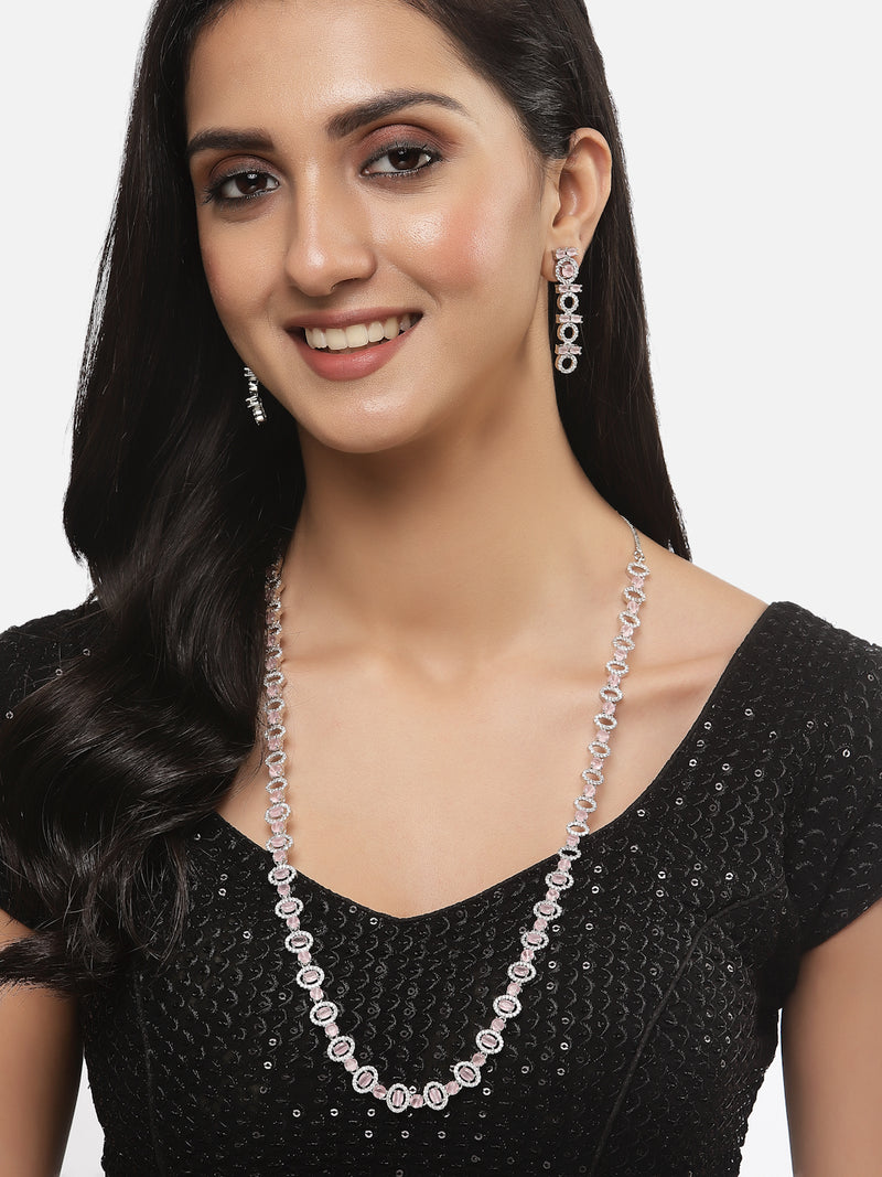 Rhodium-Plated Silver Toned Oval Pink American Diamond Long Necklace with Drop Earrings Jewellery Set