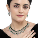 Rhodium-Plated Green American Diamond Studded Oval & Teardrop Shaped Necklace & Earrings Jewellery Set