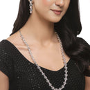 Rhodium-Plated Silver Toned Oval Pink American Diamond Long Necklace with Drop Earrings Jewellery Set