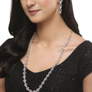 Rhodium-Plated Silver Toned Oval Pink American Diamond Long Necklace with Drop Earrings Jewellery Set