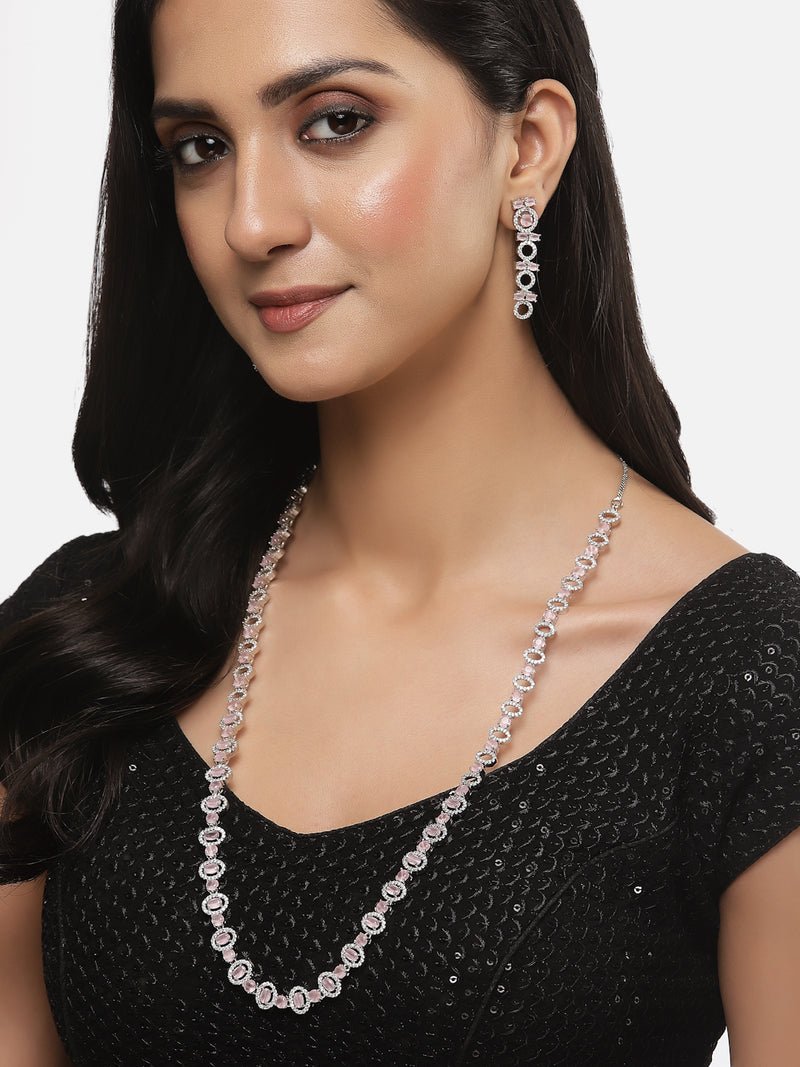 Rhodium-Plated Silver Toned Oval Pink American Diamond Long Necklace with Drop Earrings Jewellery Set