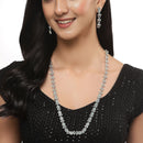 Rhodium-Plated Silver Toned Leaf Sea Green American Diamond Studded Long Necklace with Drop Earrings Jewellery Set