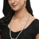 Rhodium-Plated Silver Toned Leaf Sea Green American Diamond Studded Long Necklace with Drop Earrings Jewellery Set