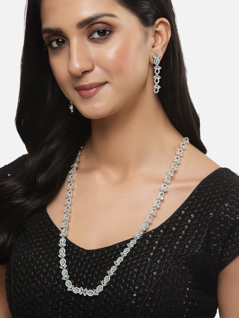 Rhodium-Plated Silver Toned Leaf Sea Green American Diamond Studded Long Necklace with Drop Earrings Jewellery Set