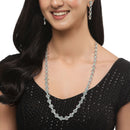 Rhodium-Plated Silver Toned Oval Sea Green American Diamond Long Necklace with Drop Earrings Jewellery Set