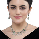 Rhodium-Plated Green American Diamond Studded Quirky Design Necklace with Earrings Jewellery Set