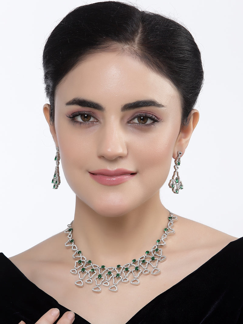 Rhodium-Plated Green American Diamond Studded Quirky Design Necklace with Earrings Jewellery Set