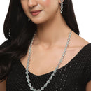Rhodium-Plated Silver Toned Oval Sea Green American Diamond Long Necklace with Drop Earrings Jewellery Set
