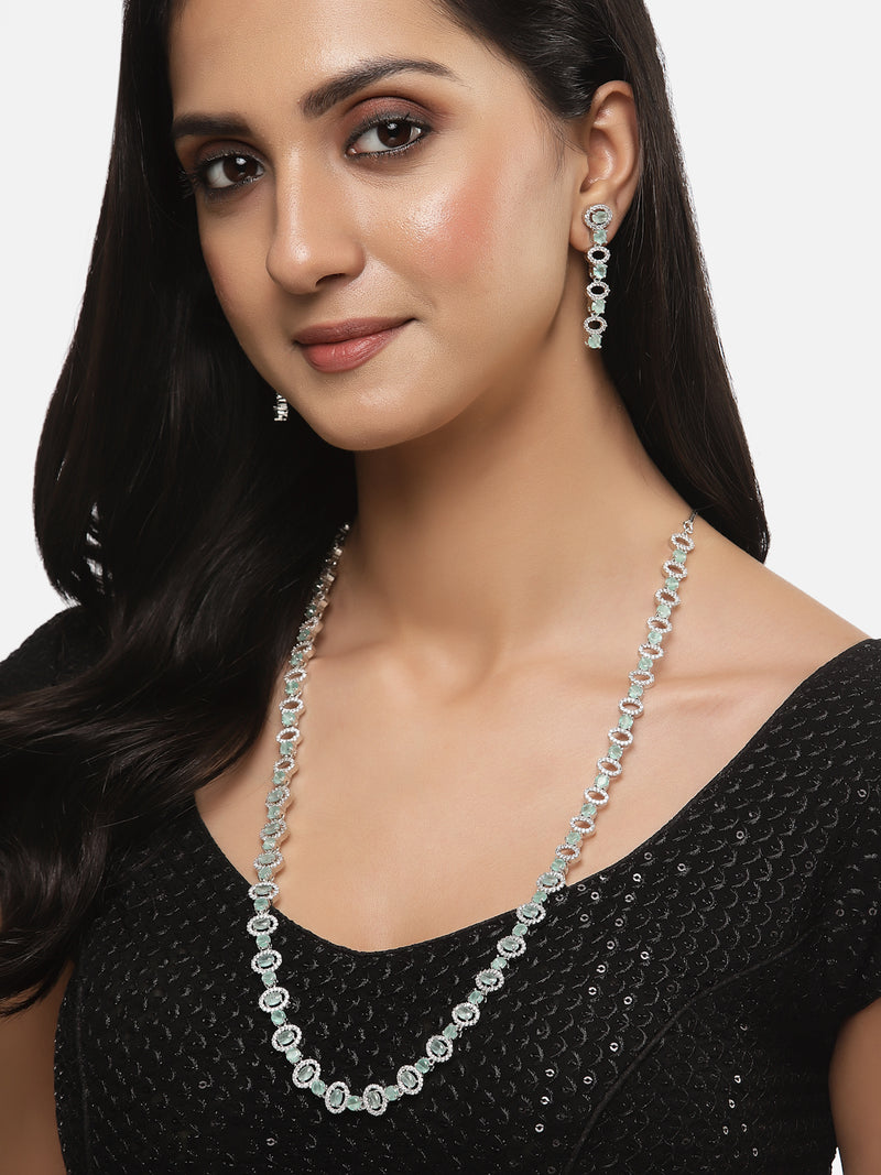 Rhodium-Plated Silver Toned Oval Sea Green American Diamond Long Necklace with Drop Earrings Jewellery Set