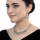 Rhodium-Plated Green American Diamond Studded Quirky Design Necklace with Earrings Jewellery Set