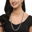 Rhodium-Plated Silver Toned Circular Navy Blue American Diamond Long Necklace with Earrings Jewellery Set