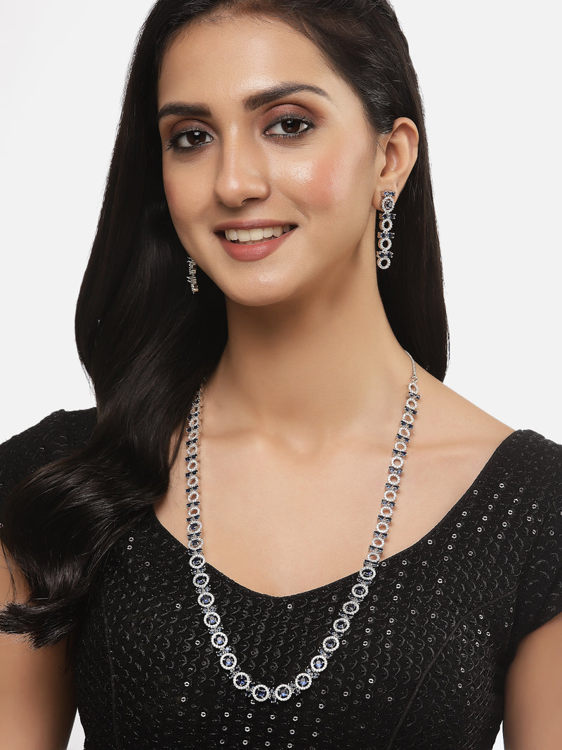 Rhodium-Plated Silver Toned Circular Navy Blue American Diamond Long Necklace with Earrings Jewellery Set