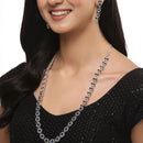 Rhodium-Plated Silver Toned Circular Navy Blue American Diamond Long Necklace with Earrings Jewellery Set