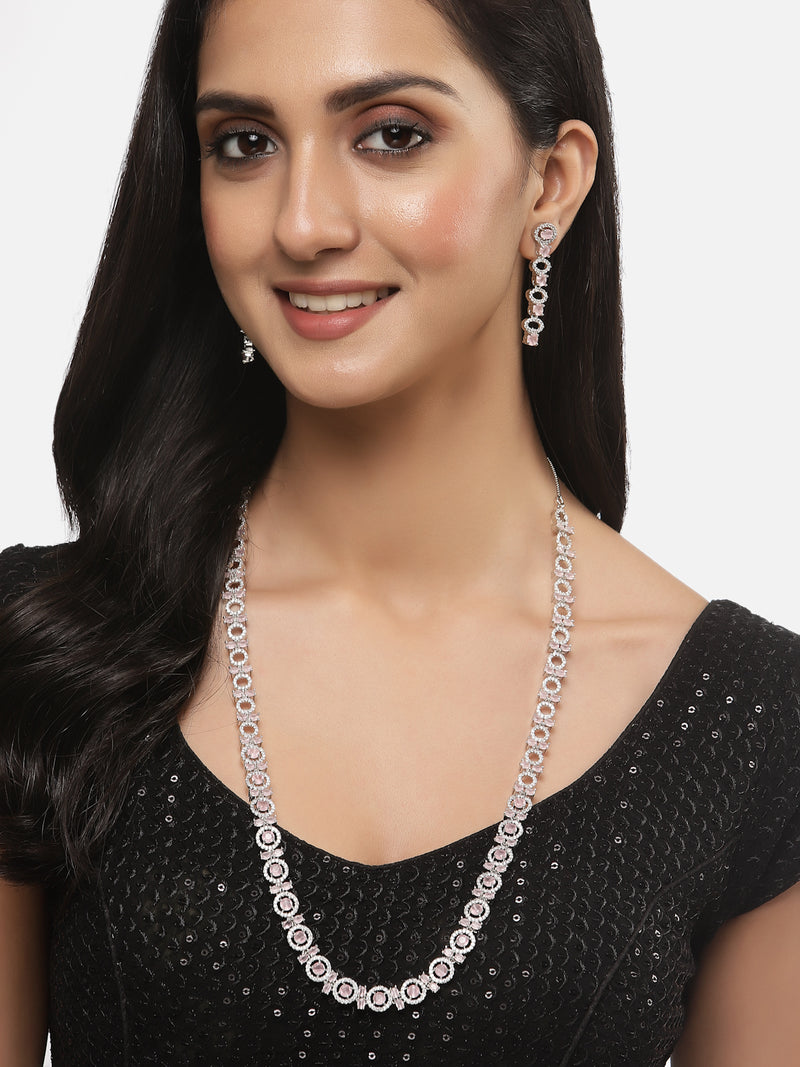 Rhodium-Plated Silver Toned Circular Pink American Diamond Long Necklace with Earrings Jewellery Set