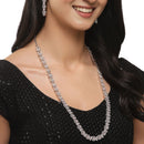 Rhodium-Plated Silver Toned Circular Pink American Diamond Long Necklace with Earrings Jewellery Set
