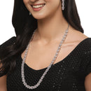 Rhodium-Plated Silver Toned Circular Pink American Diamond Long Necklace with Earrings Jewellery Set