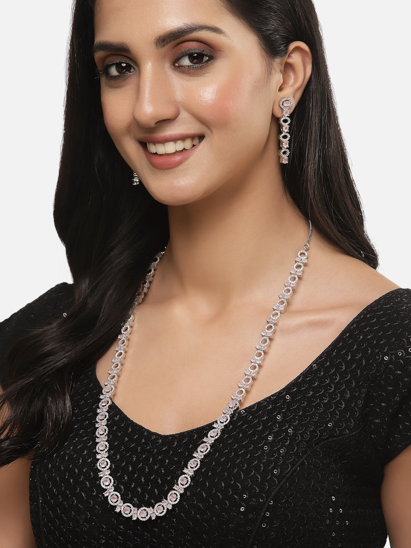 Rhodium-Plated Silver Toned Circular Pink American Diamond Long Necklace with Earrings Jewellery Set