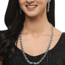 Rhodium-Plated Silver Toned Leaf Green American Diamond Studded Long Necklace with Drop Earrings Jewellery Set