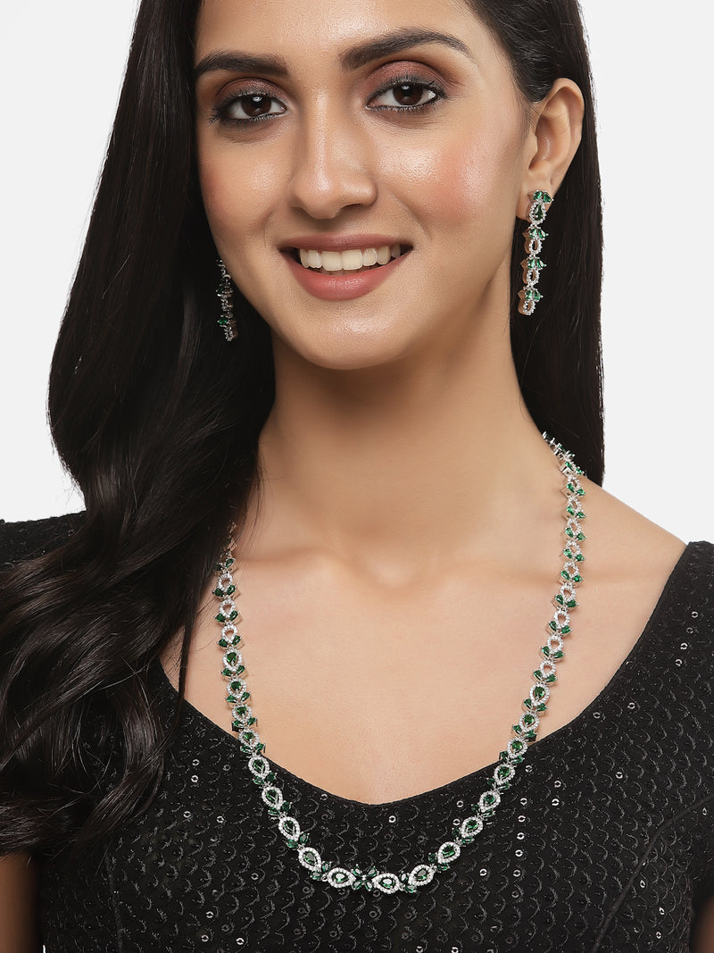 Rhodium-Plated Silver Toned Leaf Green American Diamond Studded Long Necklace with Drop Earrings Jewellery Set