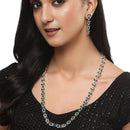 Rhodium-Plated Silver Toned Leaf Green American Diamond Studded Long Necklace with Drop Earrings Jewellery Set