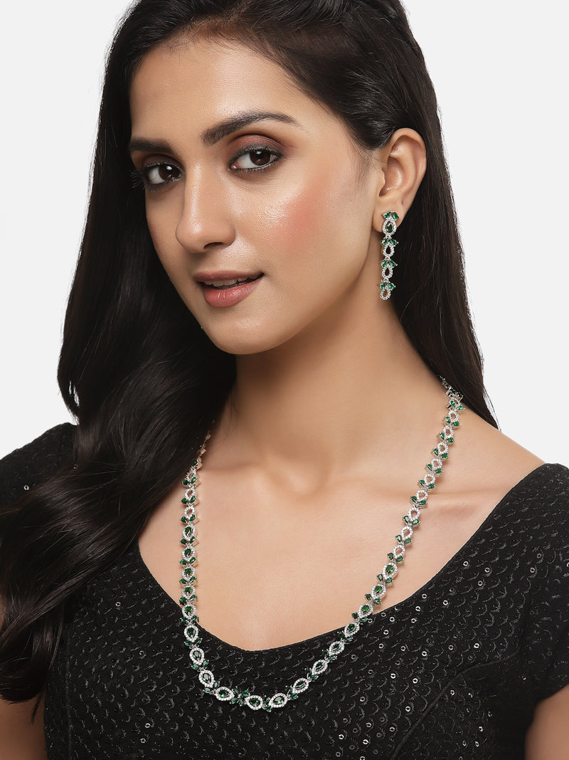 Rhodium-Plated Silver Toned Leaf Green American Diamond Studded Long Necklace with Drop Earrings Jewellery Set