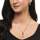 Rhodium-Plated Silver Toned Navy Blue Cubic Zirconia studded Floral Shaped Cute Pendant with Earrings