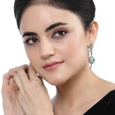 Rhodium Plated Teardrop Sea Green American Diamond Contemporary Long Drop Earrings