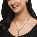 Rhodium-Plated Silver Toned Navy Blue Cubic Zirconia studded Floral Shaped Cute Pendant with Earrings