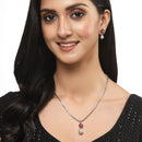 Rhodium-Plated Silver Toned Red Cubic Zirconia studded Floral Shaped Cute Pendant with Earrings