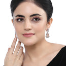 Rhodium-Plated Orange American Diamond studded Teardrop & Leaf Shaped Drop Earrings