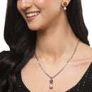 Rhodium-Plated Silver Toned Red Cubic Zirconia studded Floral Shaped Cute Pendant with Earrings