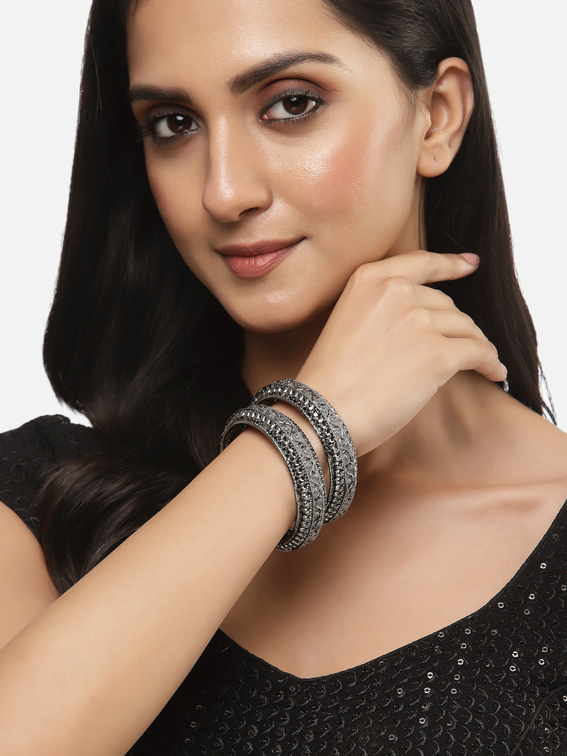 Set Of 4 Oxidised Silver-Plated Black Toned Intricate Textured Bangles Jewellery Set