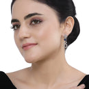 Rhodium-Plated Navy Blue American Diamond studded Floral Shaped Drop Earrings