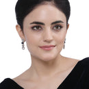 Rhodium-Plated Navy Blue American Diamond studded Floral Shaped Drop Earrings