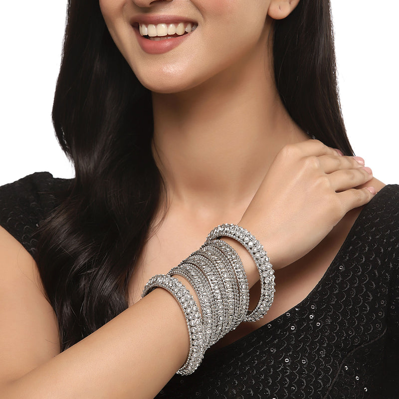 Oxidised Silver-Plated White Artificial Stones studded Bangles Jewellery Set (Set Of 6)