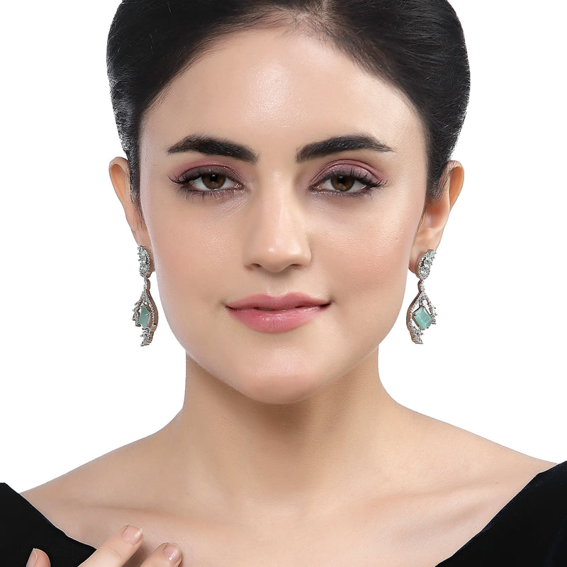 Rhodium-Plated Sea Green American Diamond studded Square & Leaf Shaped Drop Earrings