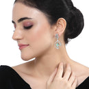 Rhodium-Plated Sea Green American Diamond studded Square & Leaf Shaped Drop Earrings