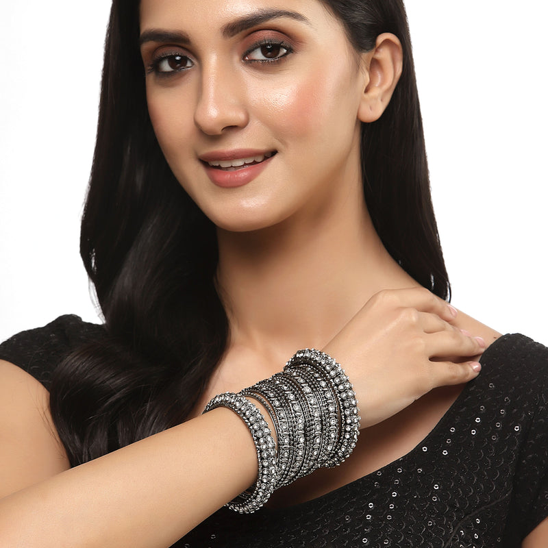 Oxidised Silver-Plated Black Toned White Artificial Stones studded Bangles Jewellery Set (Set Of 6)