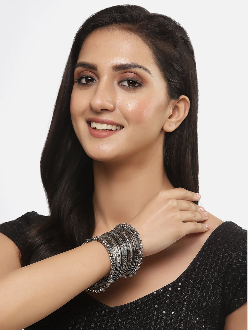 Oxidised Silver-Plated Black Toned Classic Textured Bangles Jewellery Set (Set Of 20)