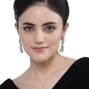 Rhodium-Plated Sea Green & White American Diamond studded Floral Theme Drop Earrings